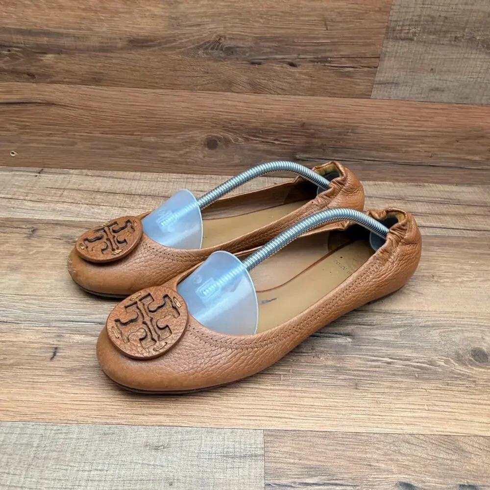 Tory Burch Size 7 Brown Leather Flats for Women with Logo In Leather